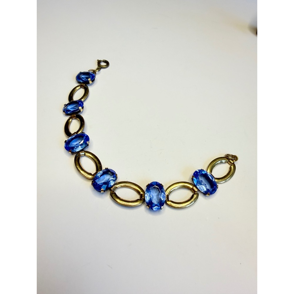 Vintage 1/20 12K Gold Filled Blue Crystal Glass Link Bracelet